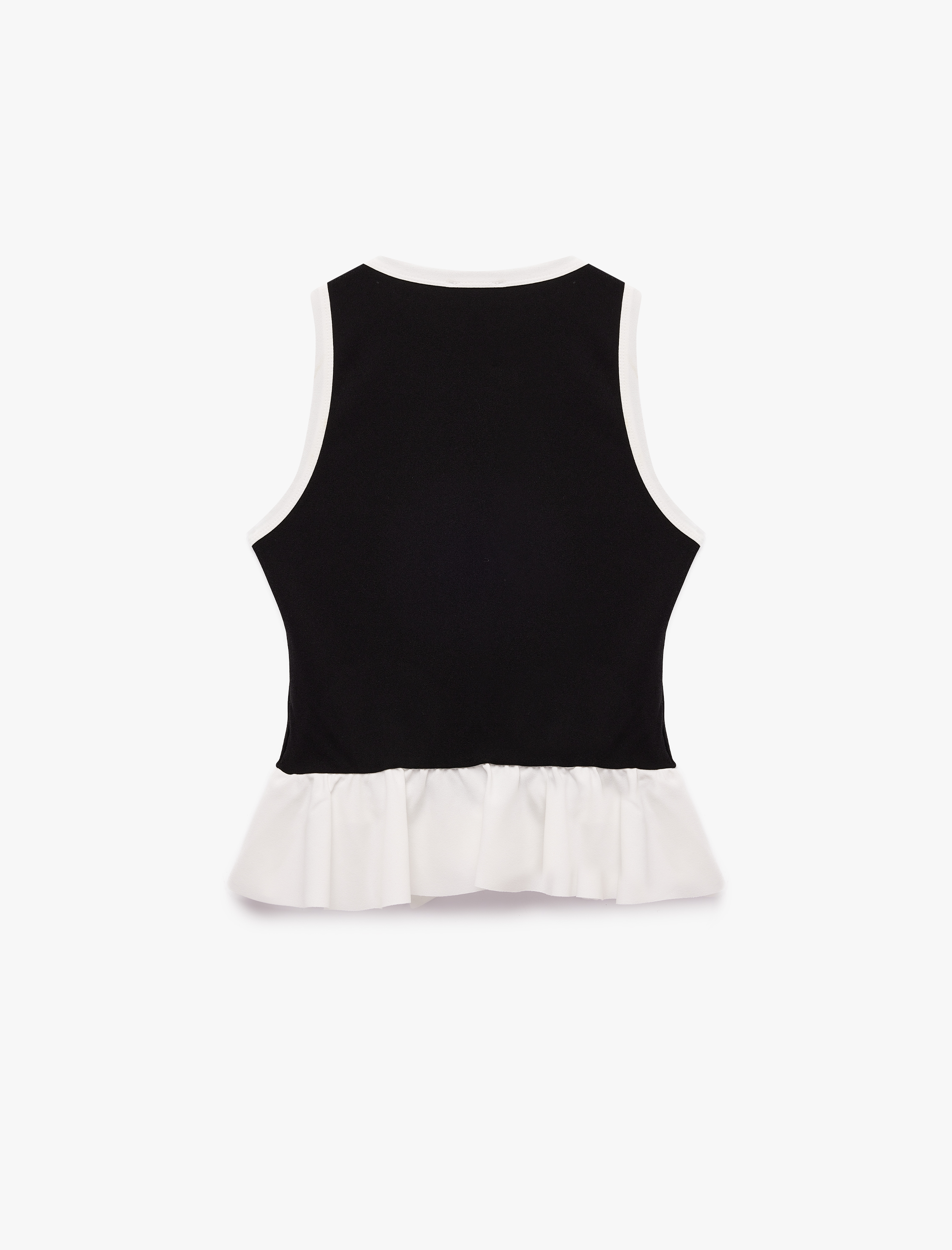   Metal Süslü Düğmeli Krep Scuba Kumaş Volanlı V Yaka Peplum Kolsuz Bluz