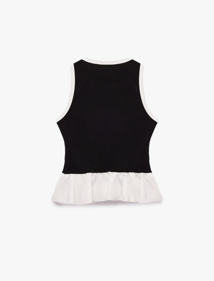  Metal Süslü Düğmeli Krep Scuba Kumaş Volanlı V Yaka Peplum Kolsuz Bluz