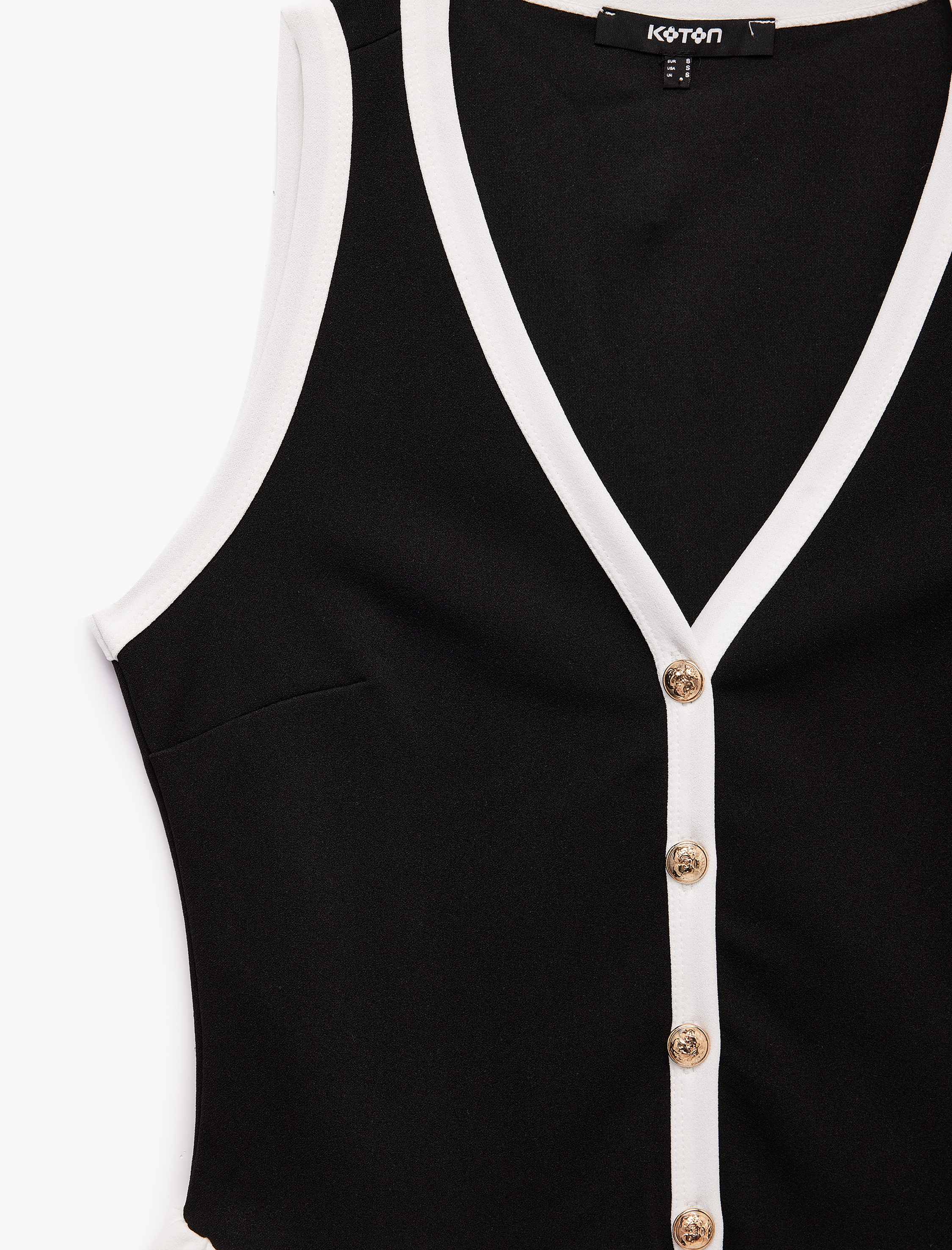   Metal Süslü Düğmeli Krep Scuba Kumaş Volanlı V Yaka Peplum Kolsuz Bluz