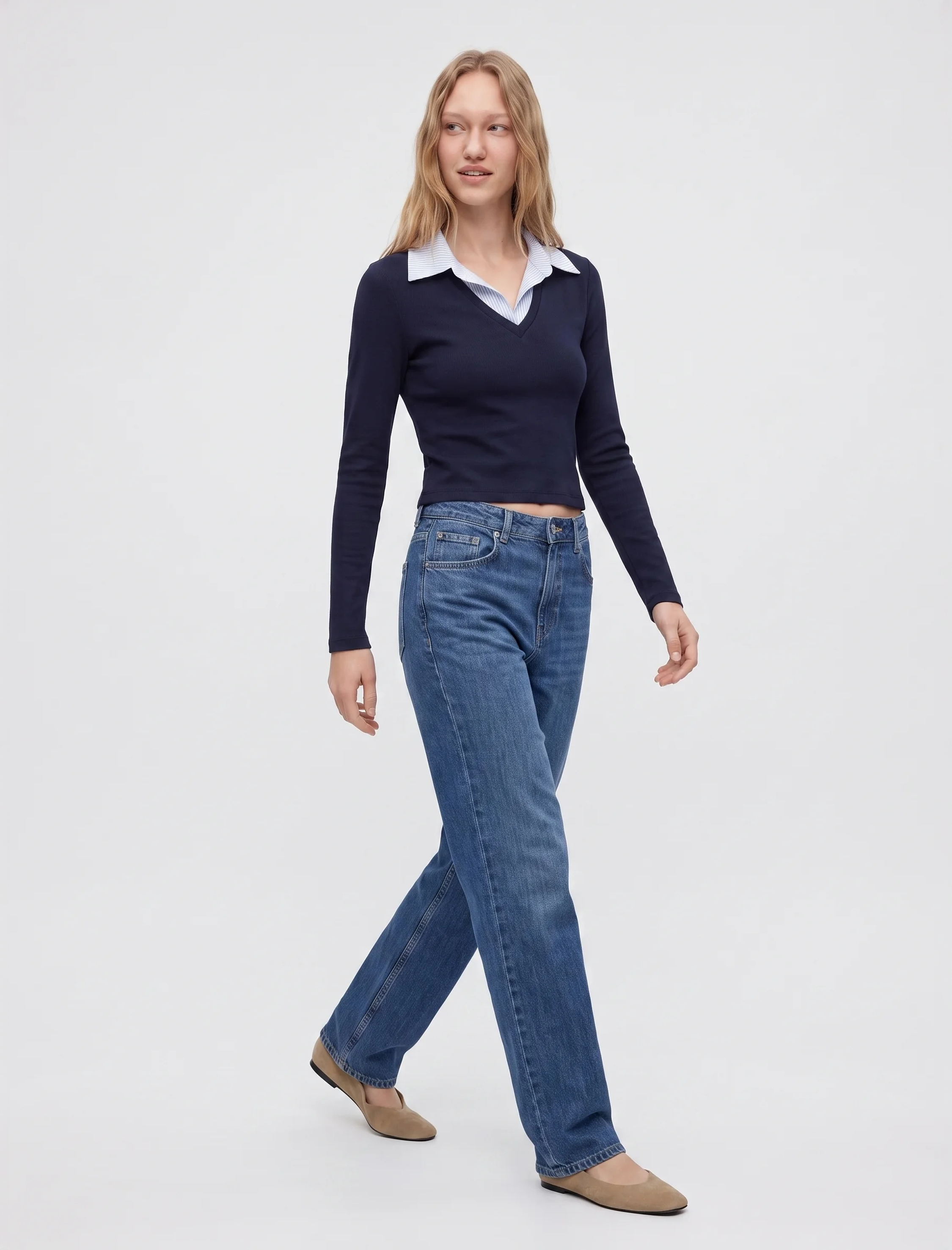   Pamuklu Gömlek Yaka Katlı Slim Fit Uzun Kollu Tişört