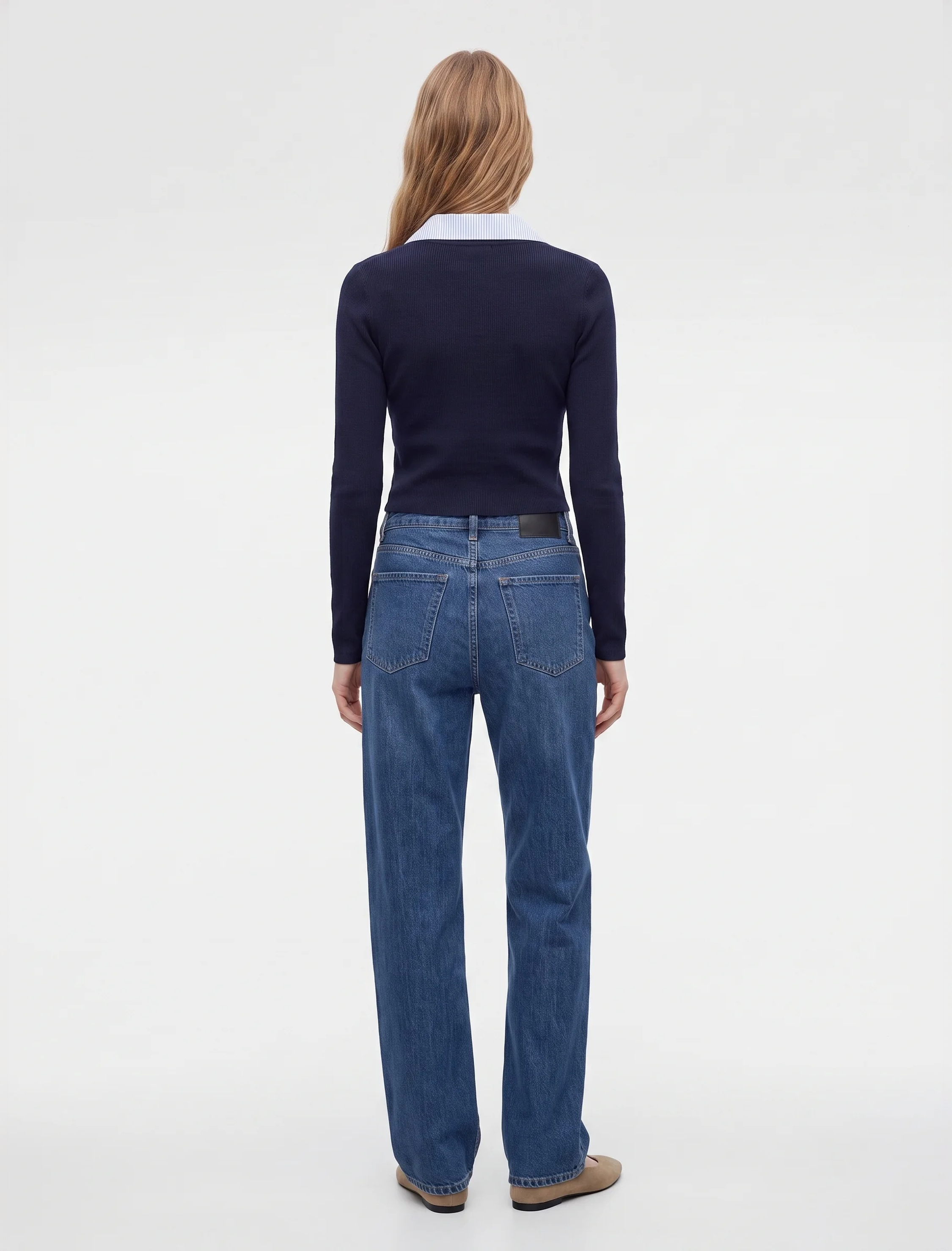   Pamuklu Gömlek Yaka Katlı Slim Fit Uzun Kollu Tişört