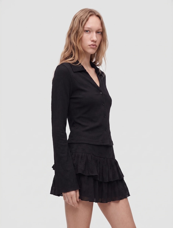 Bürümcük Kumaş Slim Fit Klasik Yaka Düğmeli Uzun İspanyol Kollu Tişört