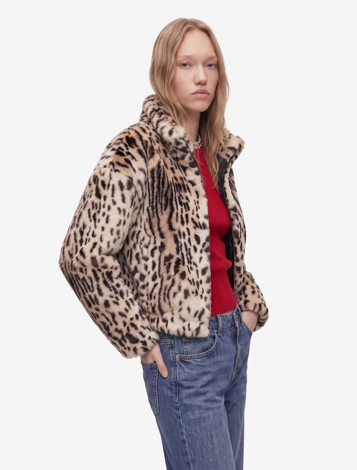 Uzun Kollu Dik Yaka Crop Leopar Desenli Fermuarlı Suni Kürk Mont
