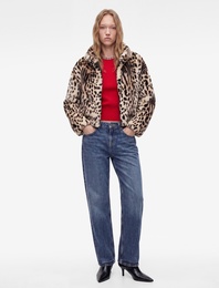 Uzun Kollu Dik Yaka Crop Leopar Desenli Fermuarlı Suni Kürk Mont