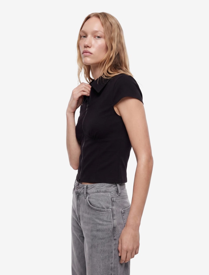  Kısa Kollu Klasik Yaka Fermuarlı Slim Fit Crop Korse Bluz