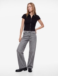 Kısa Kollu Klasik Yaka Fermuarlı Slim Fit Crop Korse Bluz
