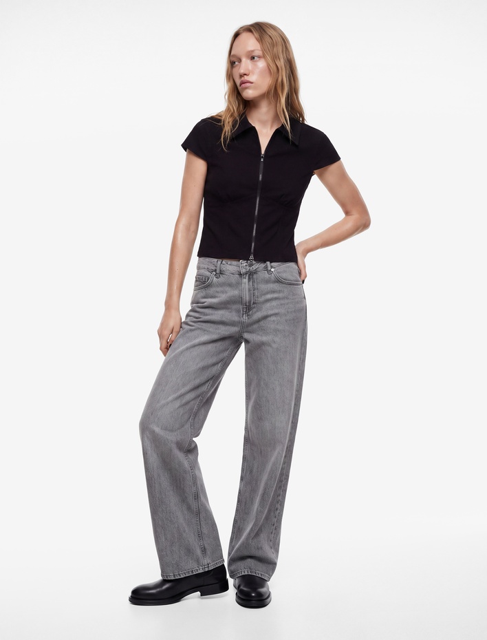  Kısa Kollu Klasik Yaka Fermuarlı Slim Fit Crop Korse Bluz