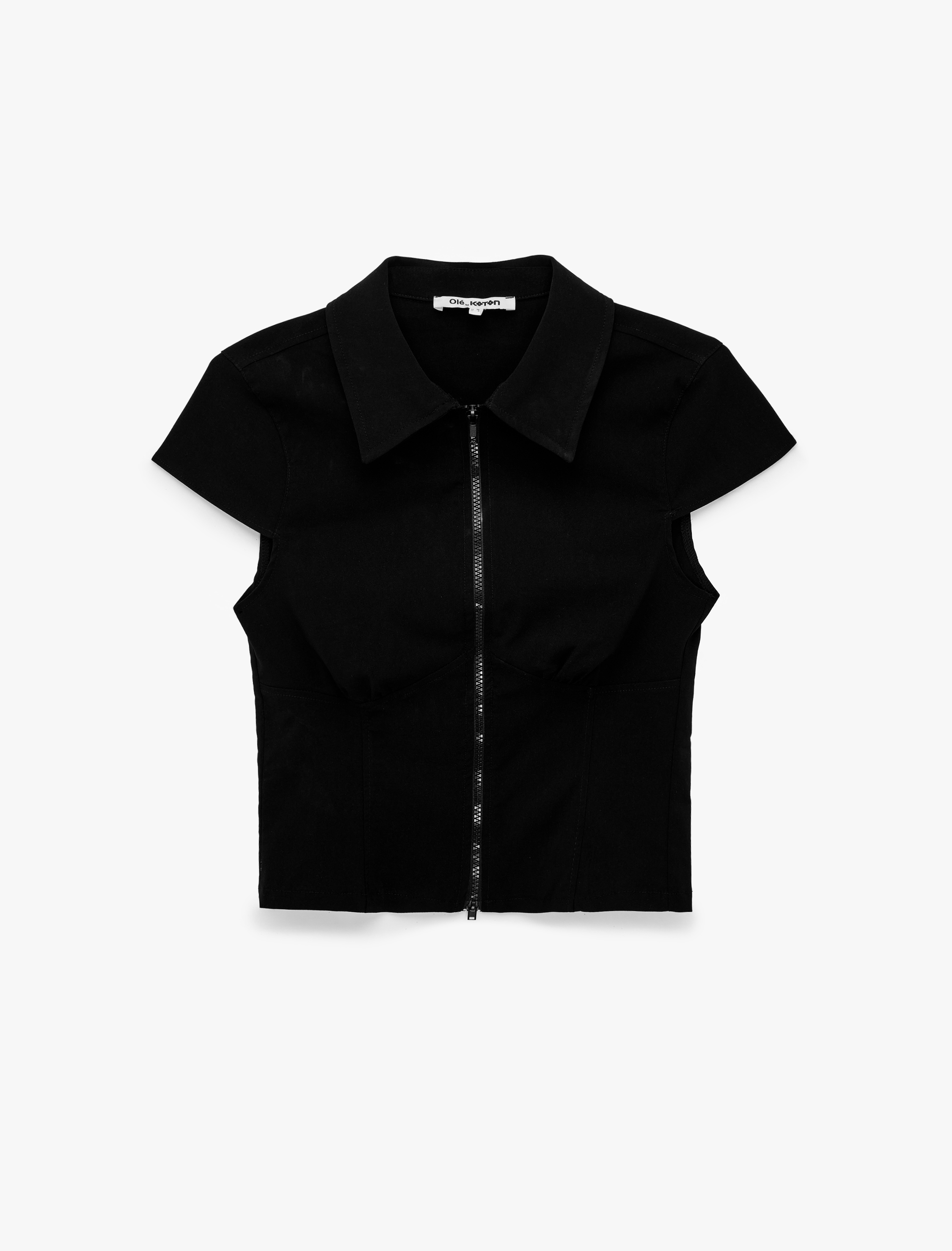   Kısa Kollu Klasik Yaka Fermuarlı Slim Fit Crop Korse Bluz