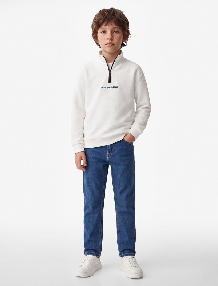 Erkek Çocuk Baskı Detaylı Yarım Fermuar Detaylı Uzun Kollu Dik Yaka Okul Sweatshirt
