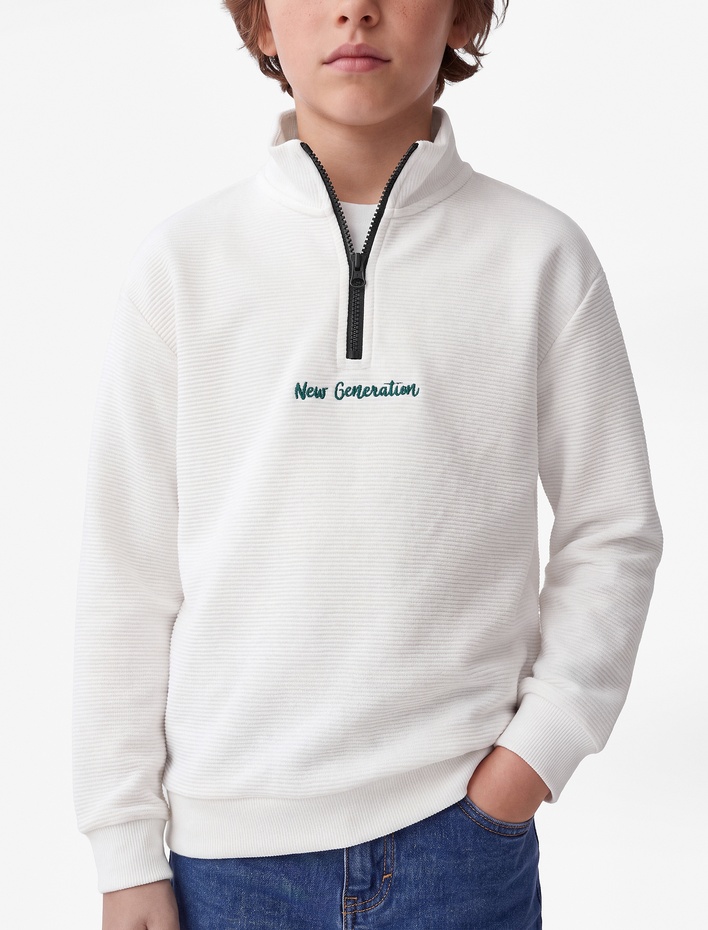 Erkek Çocuk Baskı Detaylı Yarım Fermuar Detaylı Uzun Kollu Dik Yaka Okul Sweatshirt