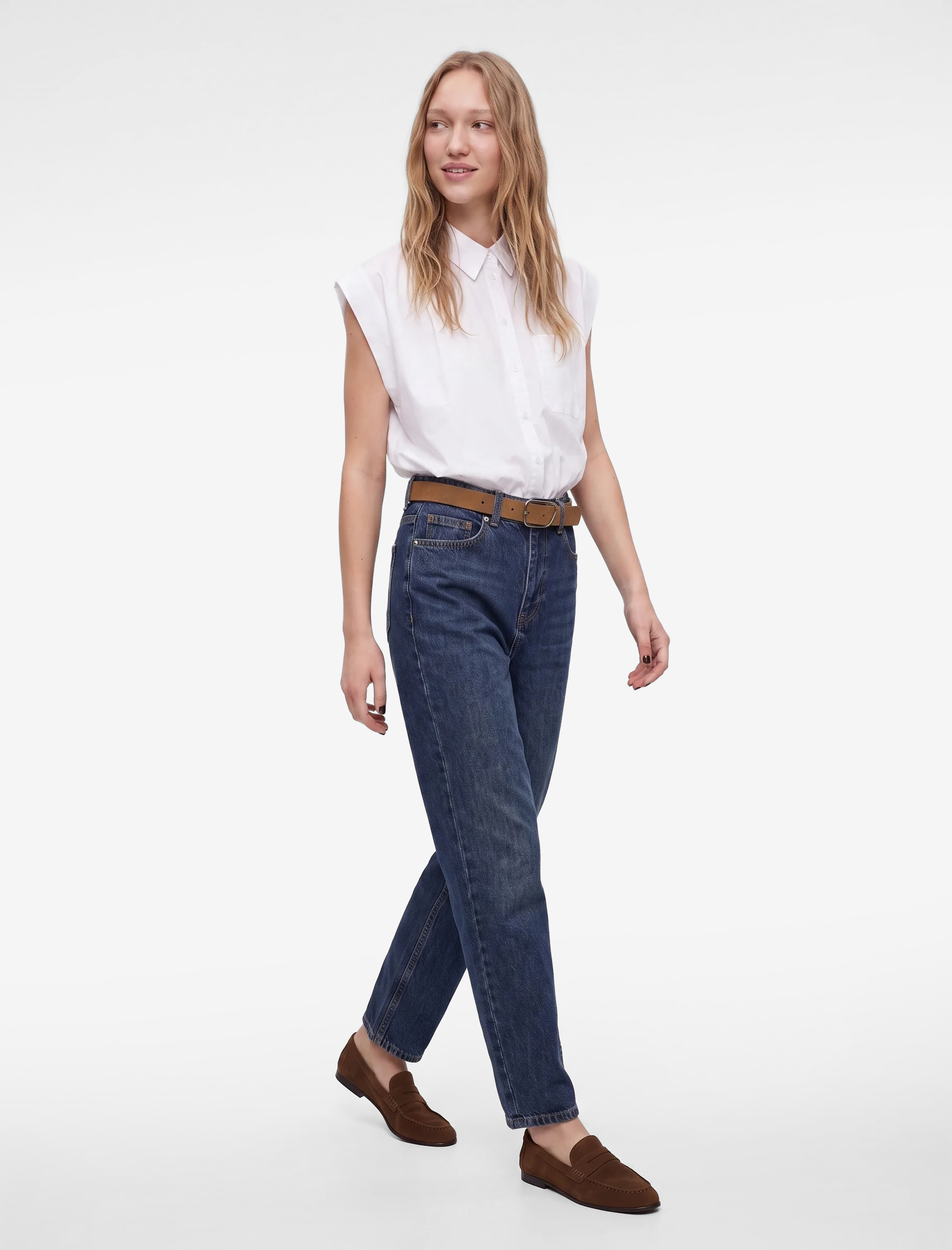 Koton Kemerli Yüksek Bel Dar Kalıp Düz Paça Pamuklu Denim Pantolon - Mom Slim Jean görsel 3