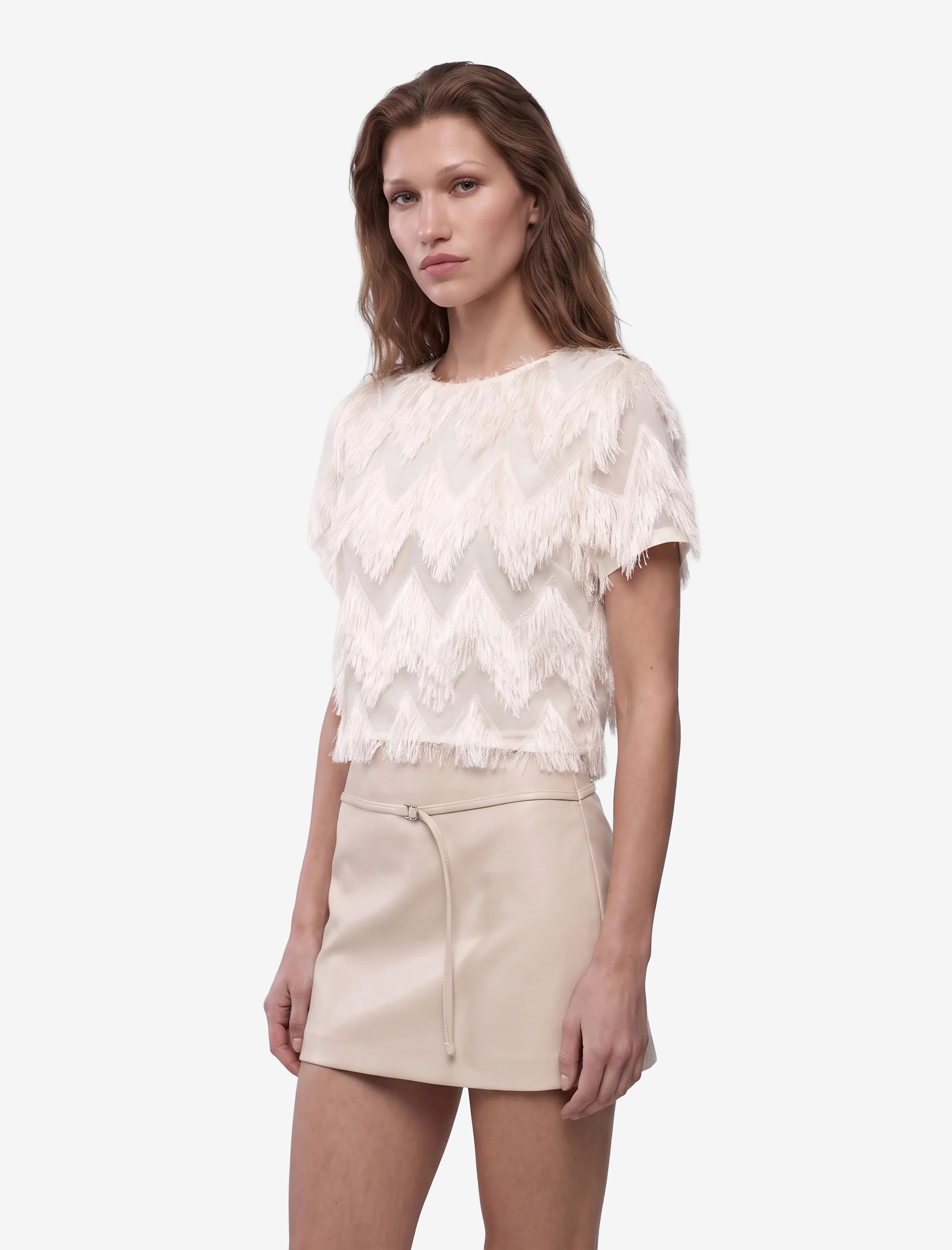 Koton Peluş Detaylı Bisiklet Yaka Kısa Kollu Crop Bluz görsel 2