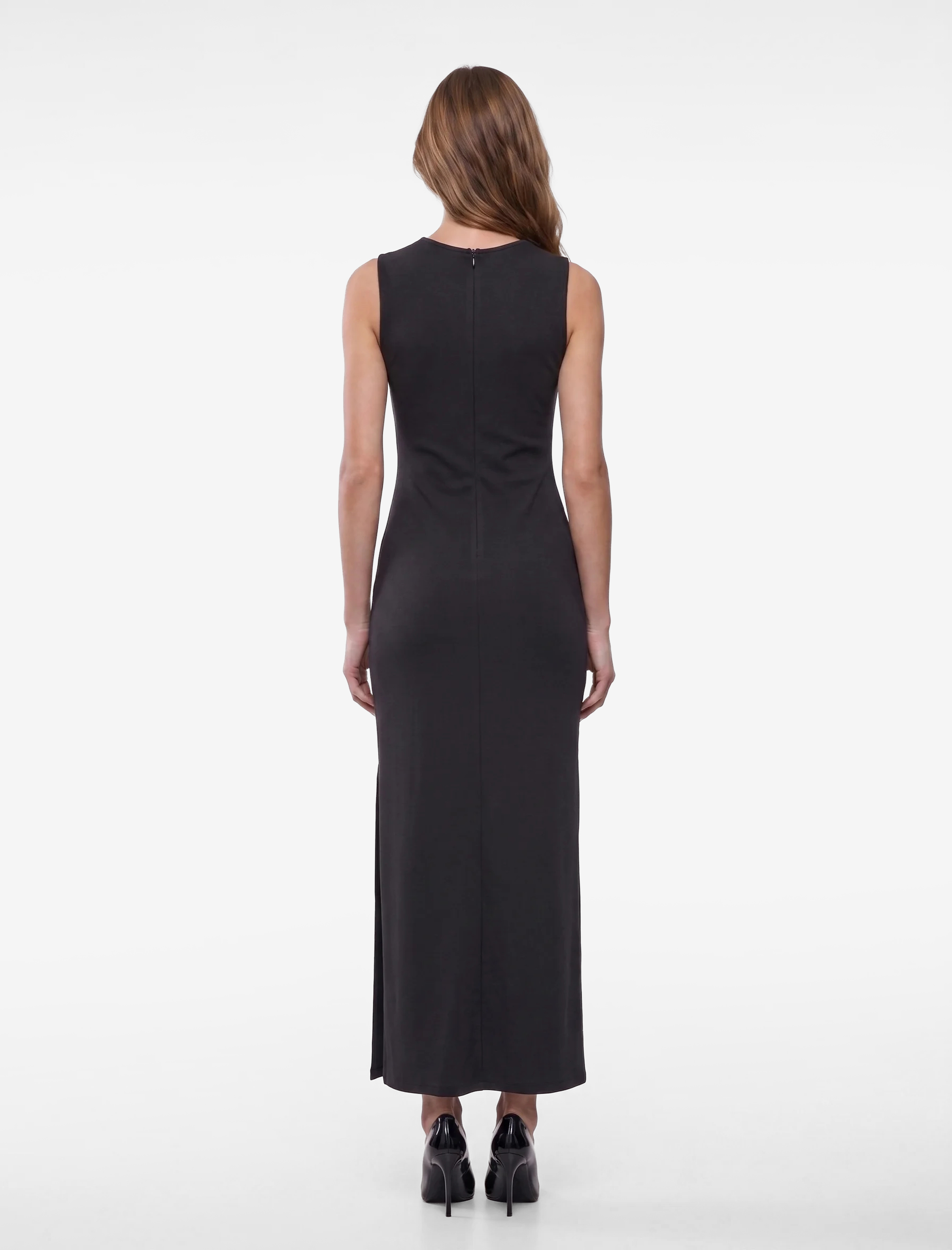 Koton Slim Fit Bisiklet Yaka Yırtmaçlı Drape Detaylı Kolsuz Midi Elbise görsel 3