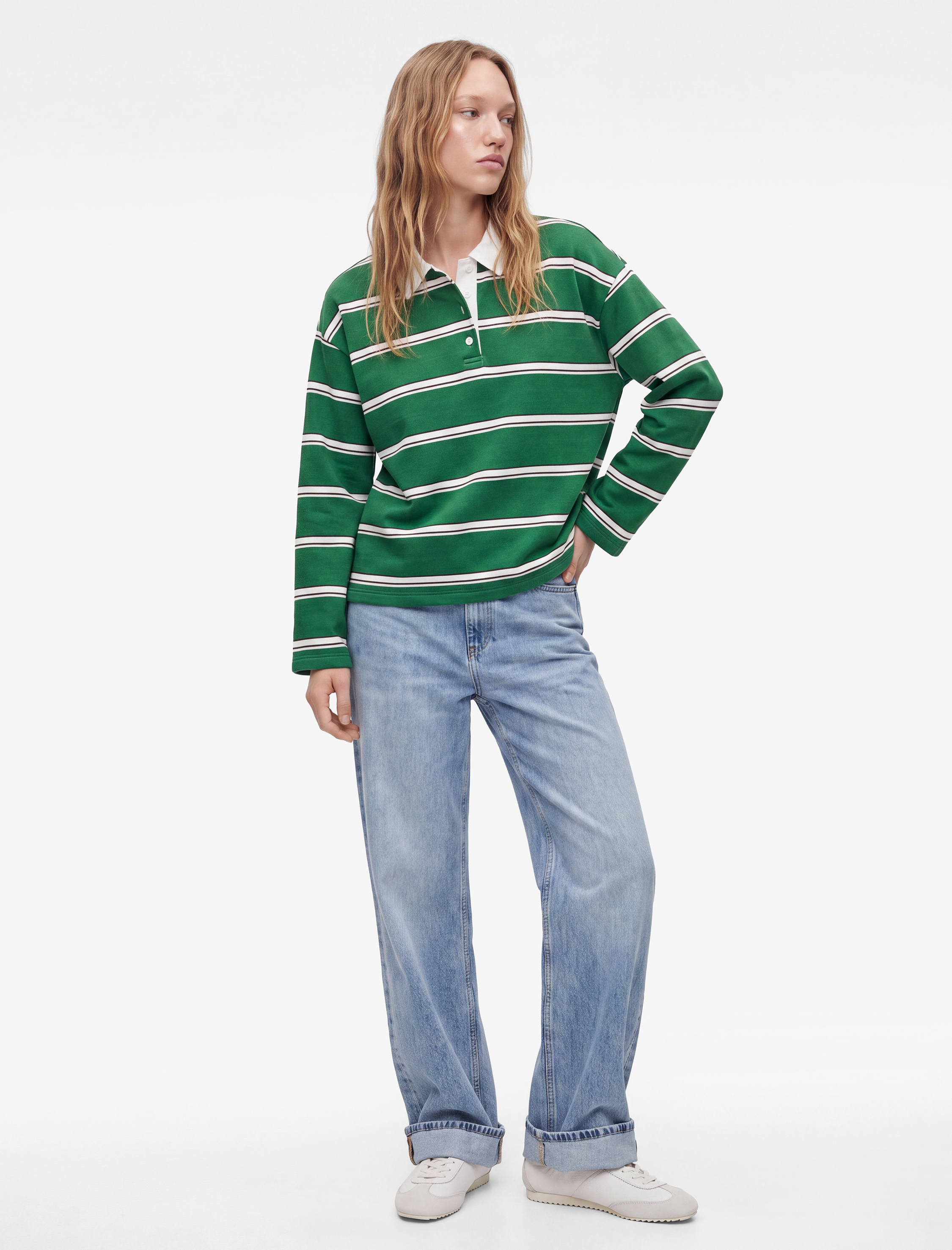Koton Rahat Kalıp Pamuklu Şardonlu Düğmeli Polo Yaka Çizgili Sweatshirt