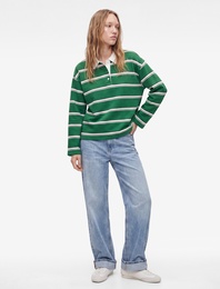 Rahat Kalıp Pamuklu Şardonlu Düğmeli Polo Yaka Çizgili Sweatshirt