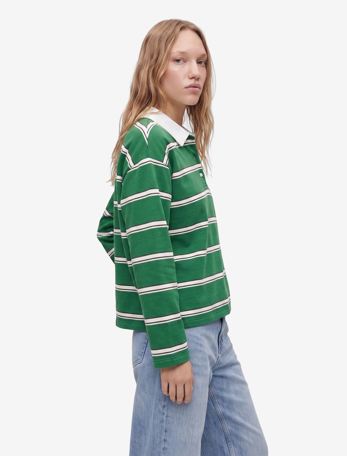  Rahat Kalıp Pamuklu Şardonlu Düğmeli Polo Yaka Çizgili Sweatshirt