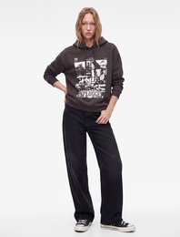 Şardonlu Rahat Kalıp Baskılı Uzun Kollu Kapüşonlu Sweatshirt