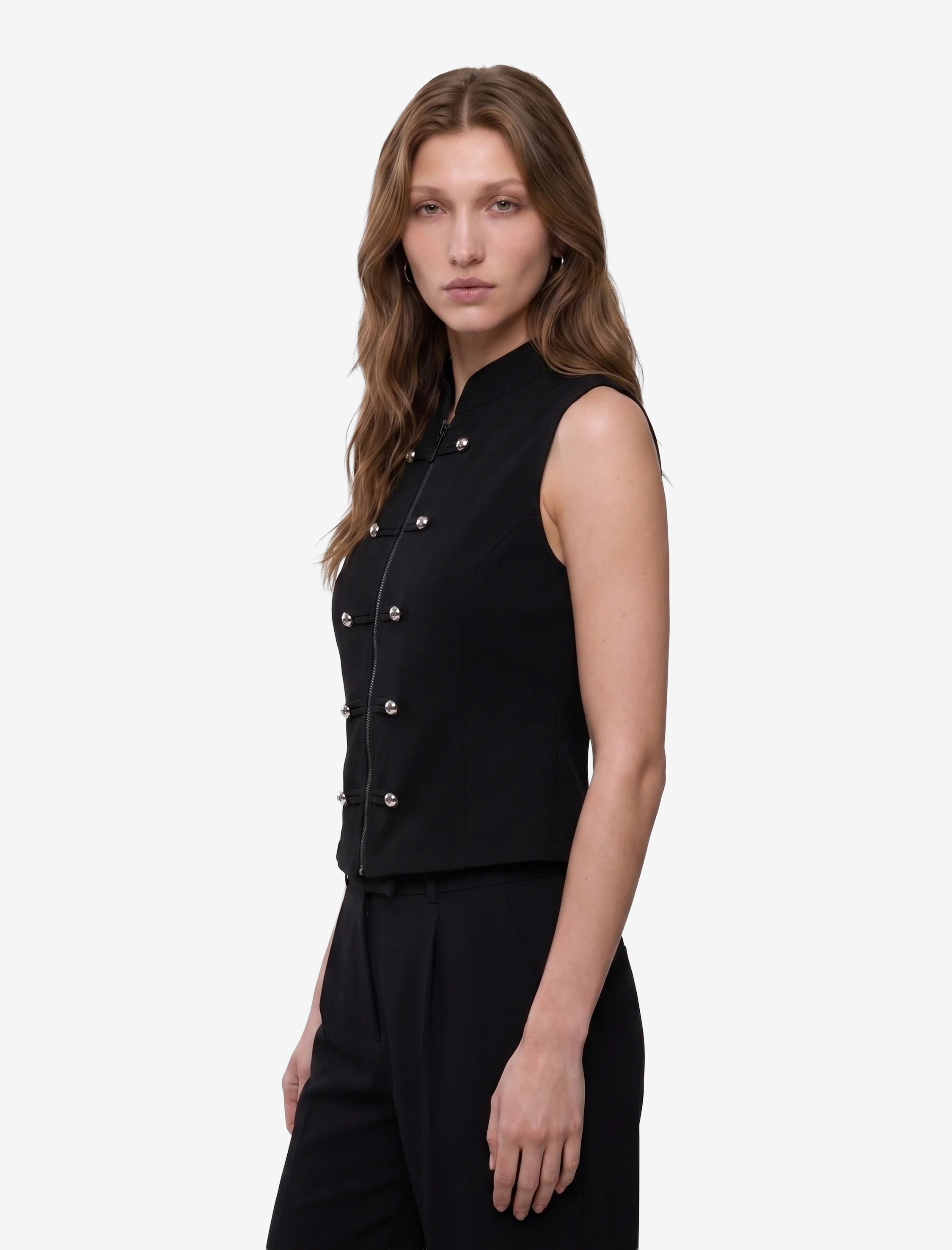 Koton Süslü Düğme Detaylı Slim Fit Dik Yaka Kolsuz Hırka görsel 2