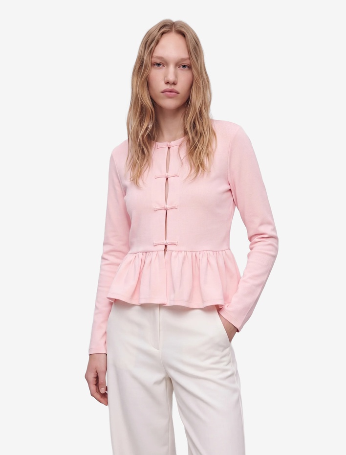  Slim Fit Peplum Süslü Düğme Detaylı Bisiklet Yaka Uzun Kollu Tişört
