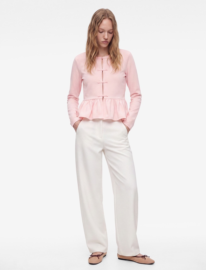  Slim Fit Peplum Süslü Düğme Detaylı Bisiklet Yaka Uzun Kollu Tişört