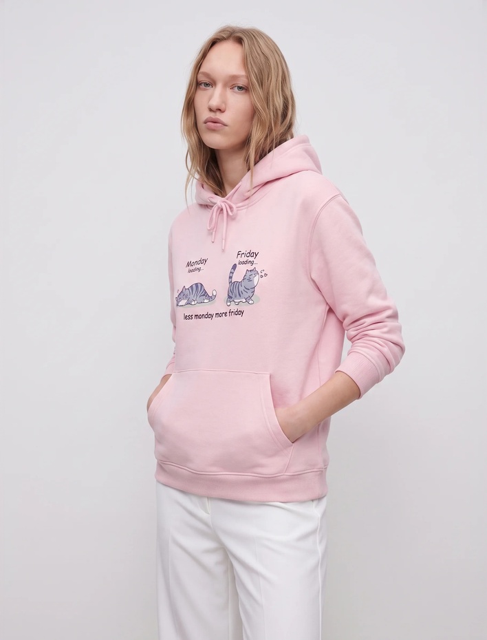  Üç İplik Şardonlu Kanguru Cepli Kapüşonlu Kedi Baskılı Sweatshirt
