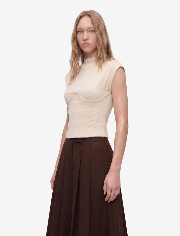  Slim Fit Viskon Kumaş Dik Yaka Kısa Kollu Korse Detaylı Tişört