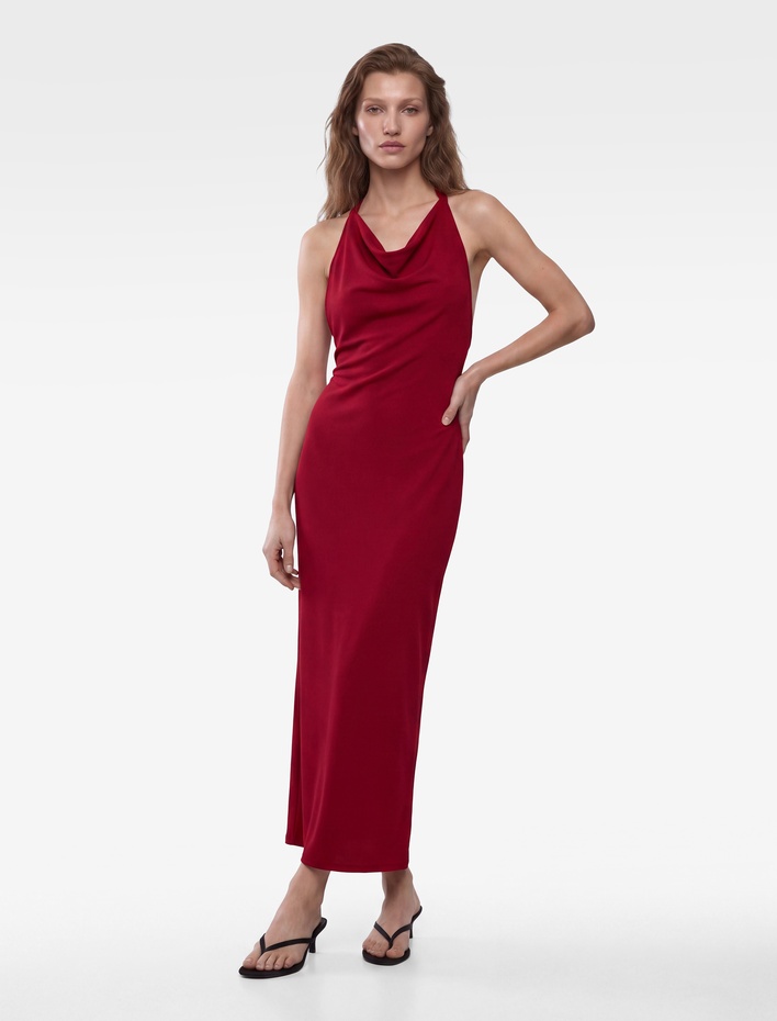  Slim Fit Krep Scuba Halter Yaka Kolsuz Sırtı Açık Bodycon Uzun Elbise