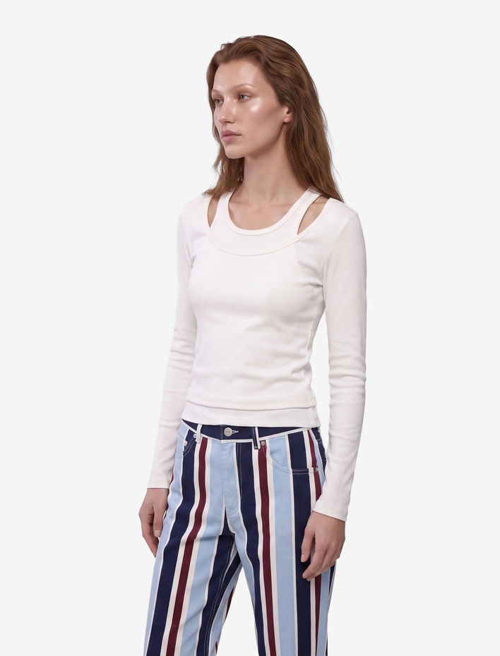  Pamuklu Slim Fit Bisiklet Yaka Katmanlı Uzun Kollu Basic Kaşkorse Tişört