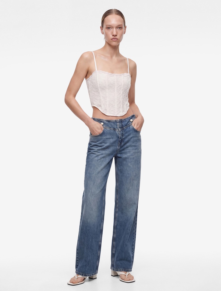  Slim Fit İp Askılı Crop Dantel Korse Bluz