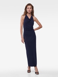 Slim Fit Krep Scuba Halter Yaka Kolsuz Sırtı Açık Bodycon Uzun Elbise