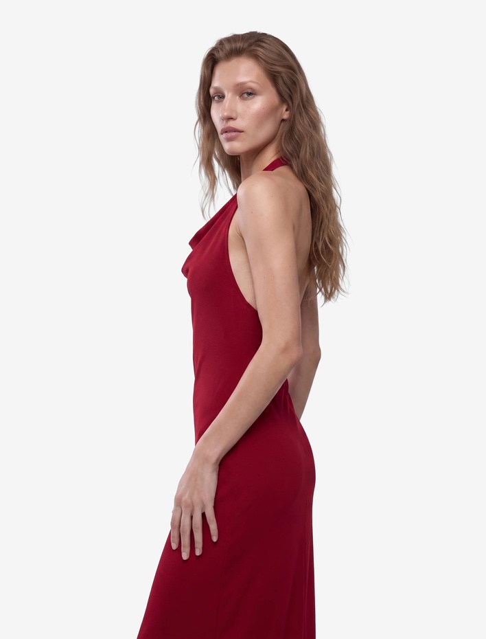  Slim Fit Krep Scuba Halter Yaka Kolsuz Sırtı Açık Bodycon Uzun Elbise