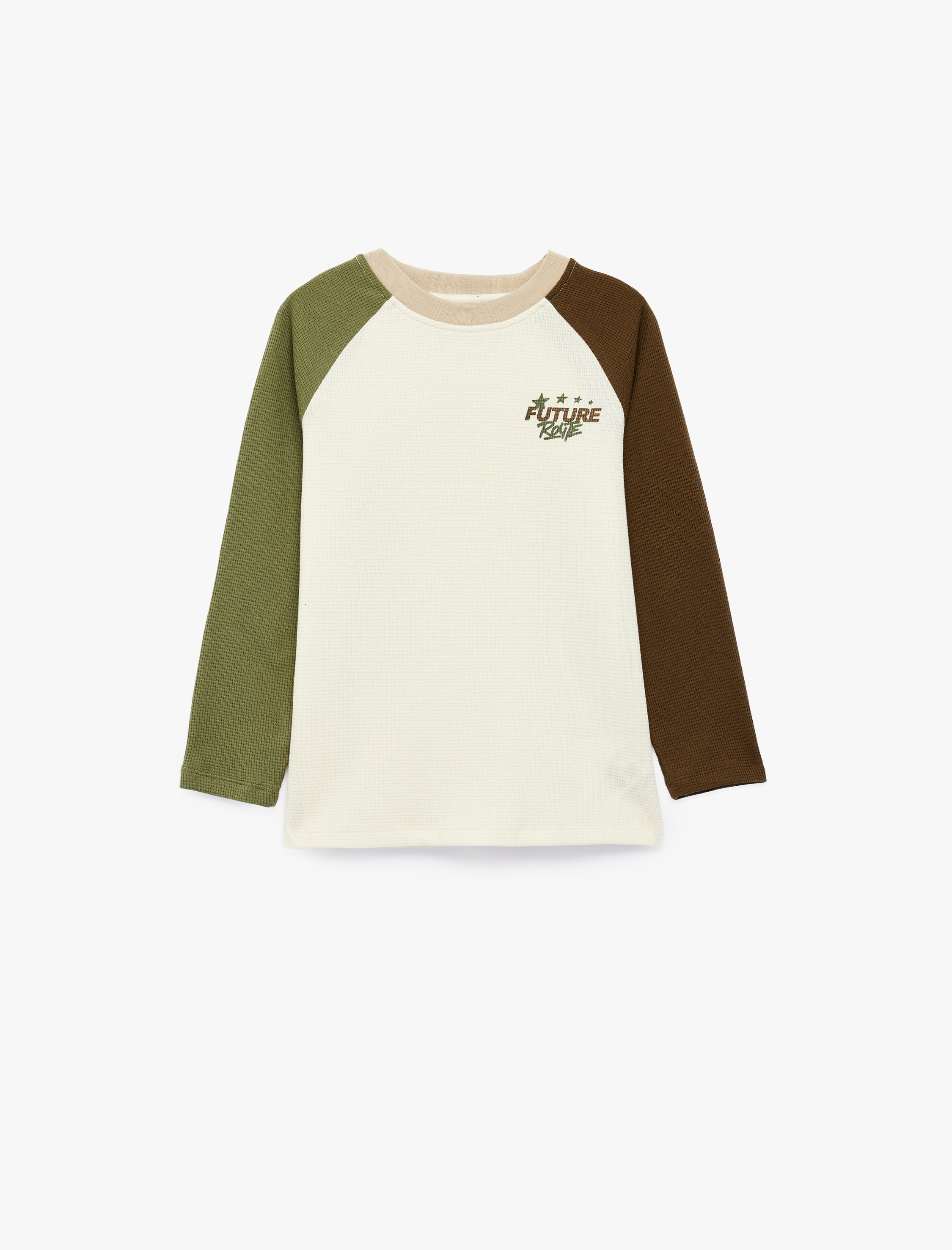  Erkek Çocuk Renk Bloklu Pamuklu Waffle Kumaş Bisiklet Yaka Reglan Uzun Kollu Tişört