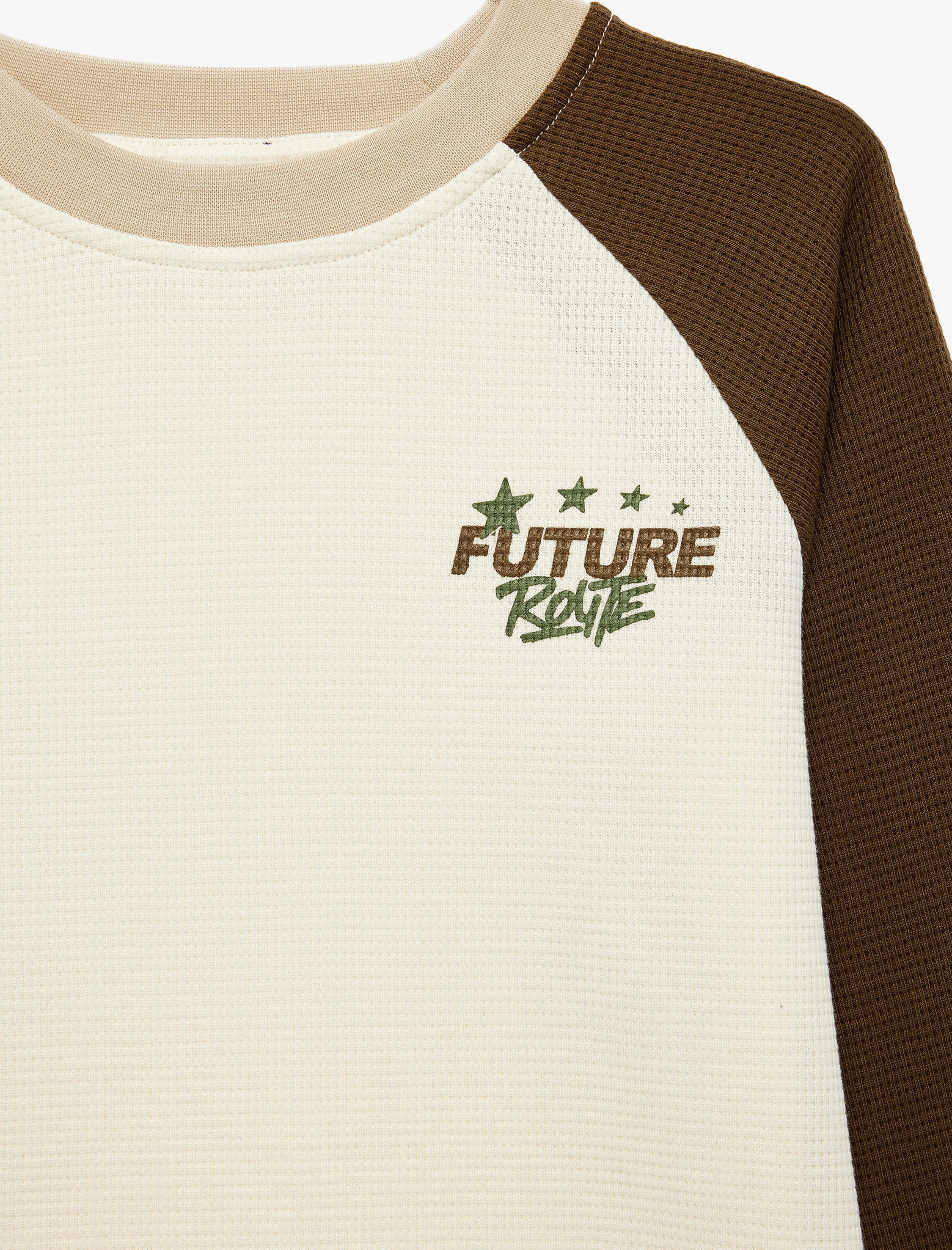  Erkek Çocuk Renk Bloklu Pamuklu Waffle Kumaş Bisiklet Yaka Reglan Uzun Kollu Tişört