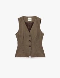 Slim Fit V Yaka Düğmeli Çizgili Blazer Yelek