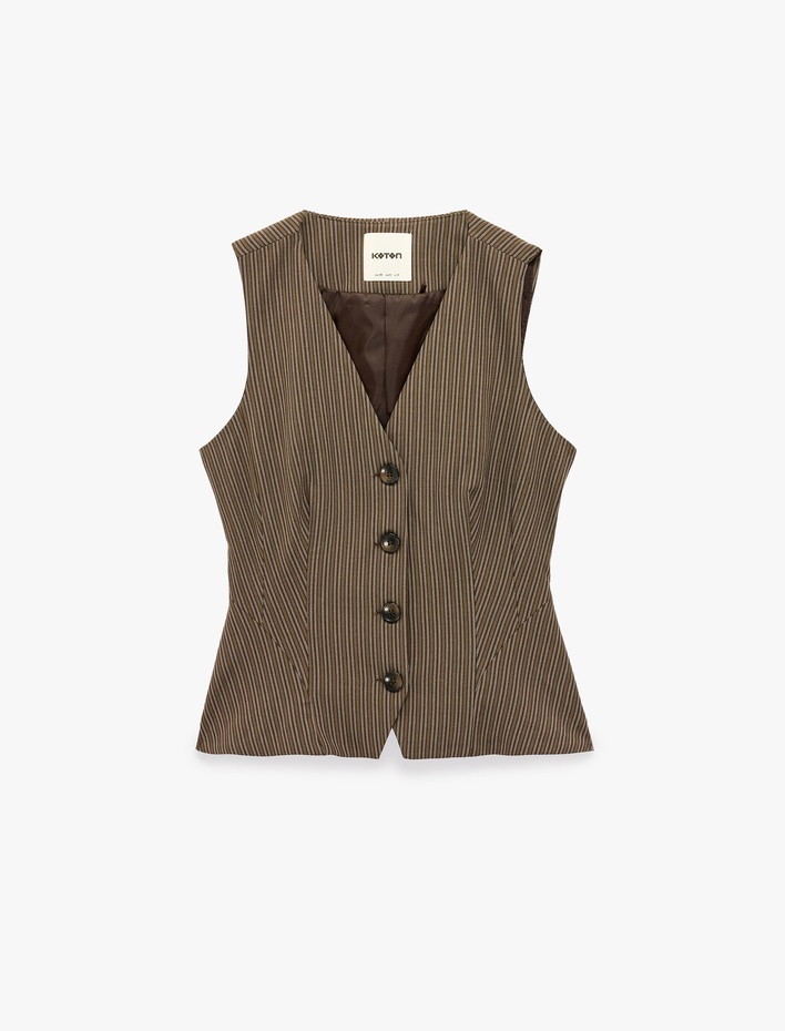  Slim Fit V Yaka Düğmeli Çizgili Blazer Yelek