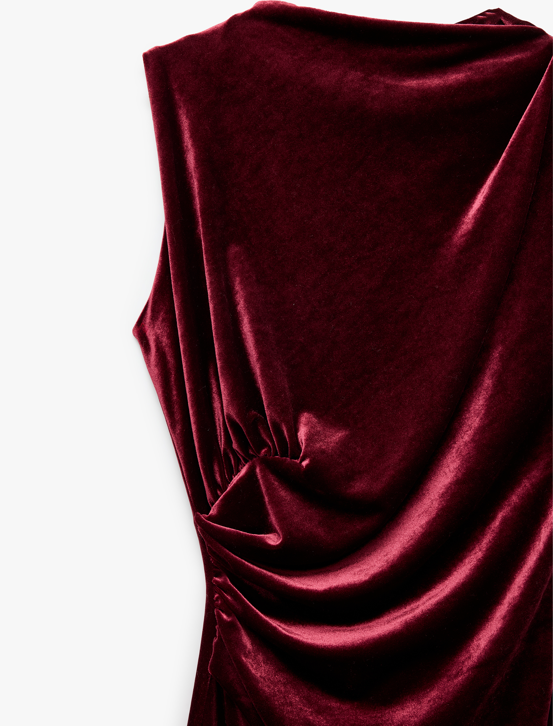   Slim Fit Bodycon Drapeli Hafif Dik Yaka Yırtmaçlı Kolsuz Midi Boy Kadife Elbise