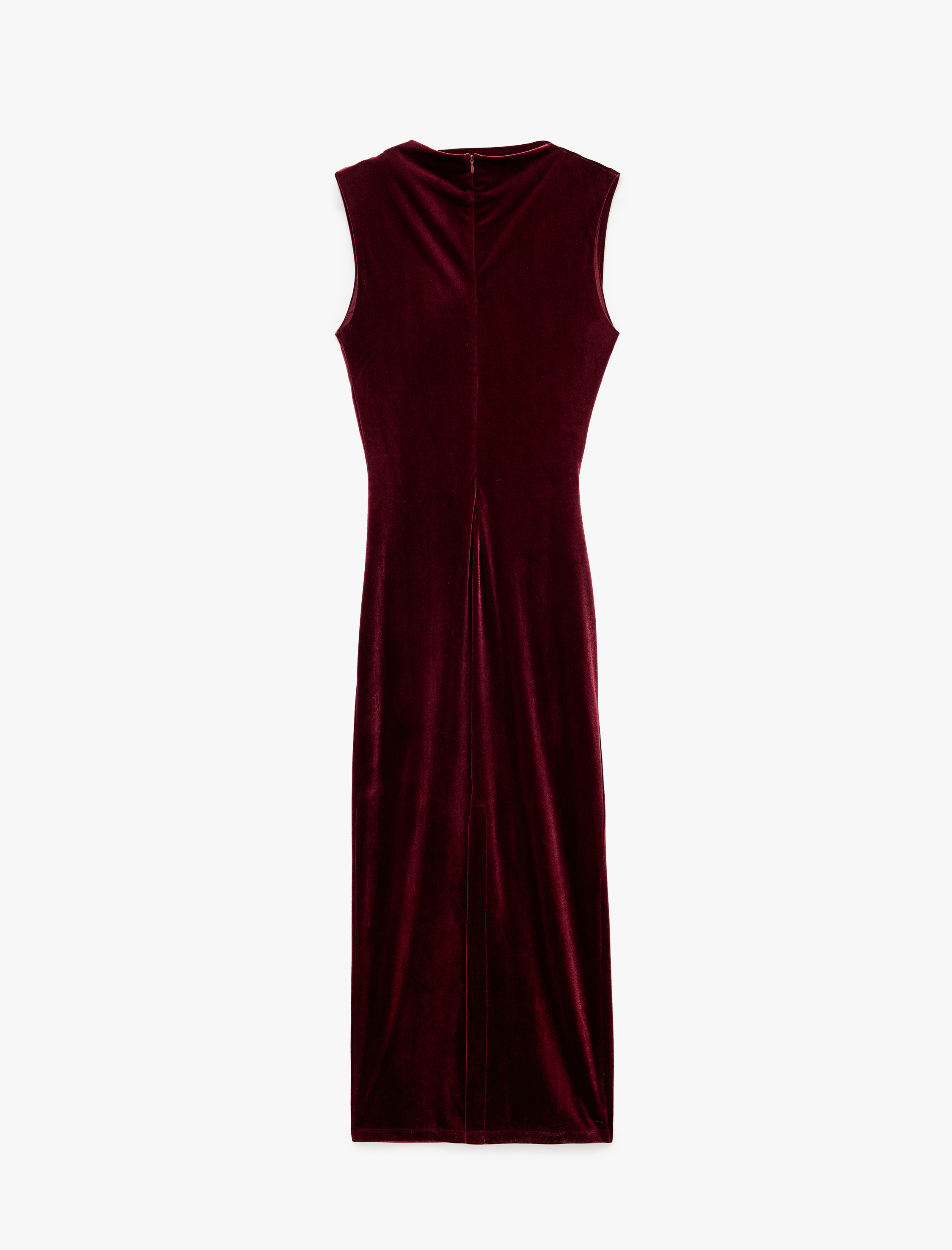   Slim Fit Bodycon Drapeli Hafif Dik Yaka Yırtmaçlı Kolsuz Midi Boy Kadife Elbise