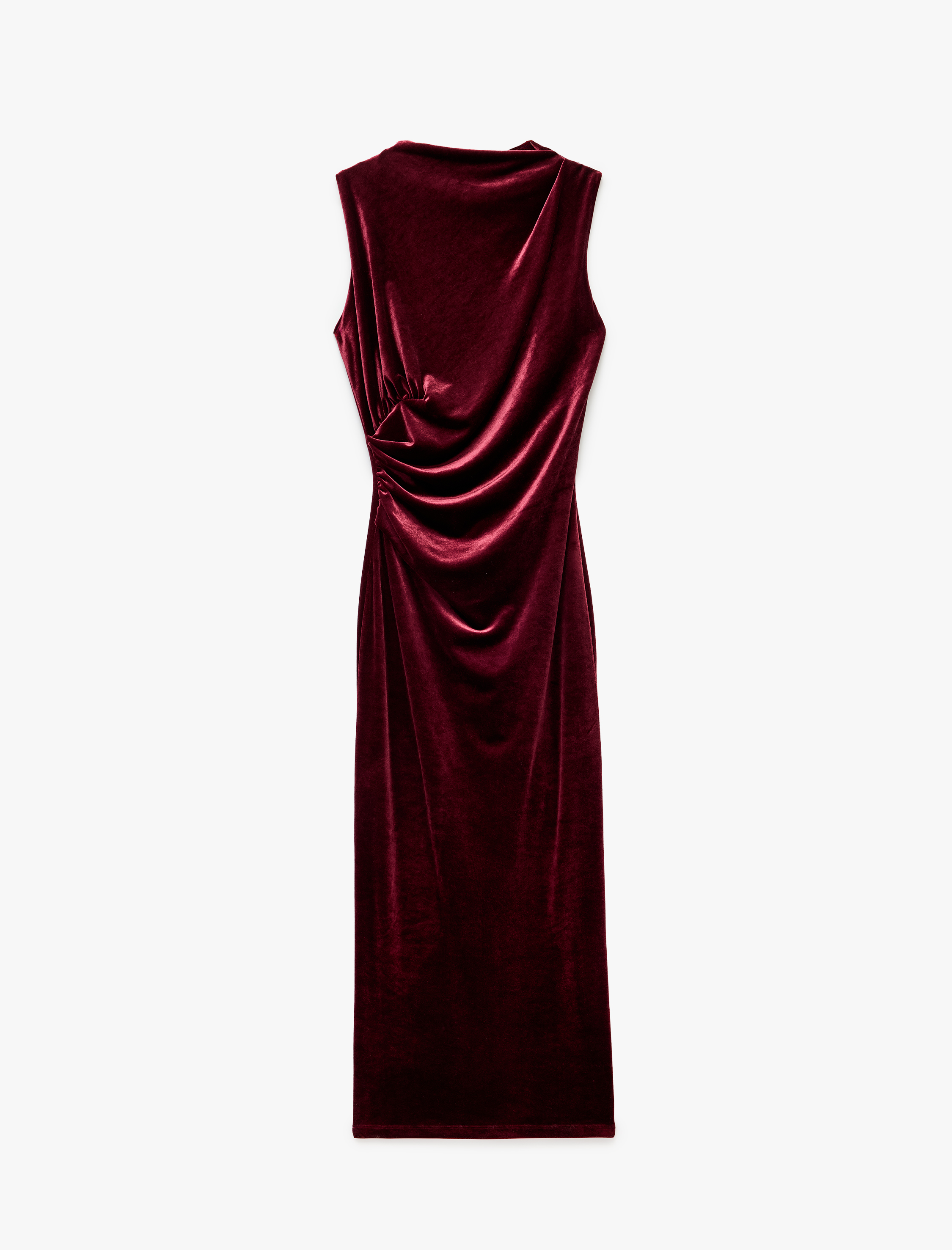   Slim Fit Bodycon Drapeli Hafif Dik Yaka Yırtmaçlı Kolsuz Midi Boy Kadife Elbise