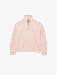 Rahat Kalıp Uzun Kollu Yarım Fermuarlı Baskılı Sweatshirt