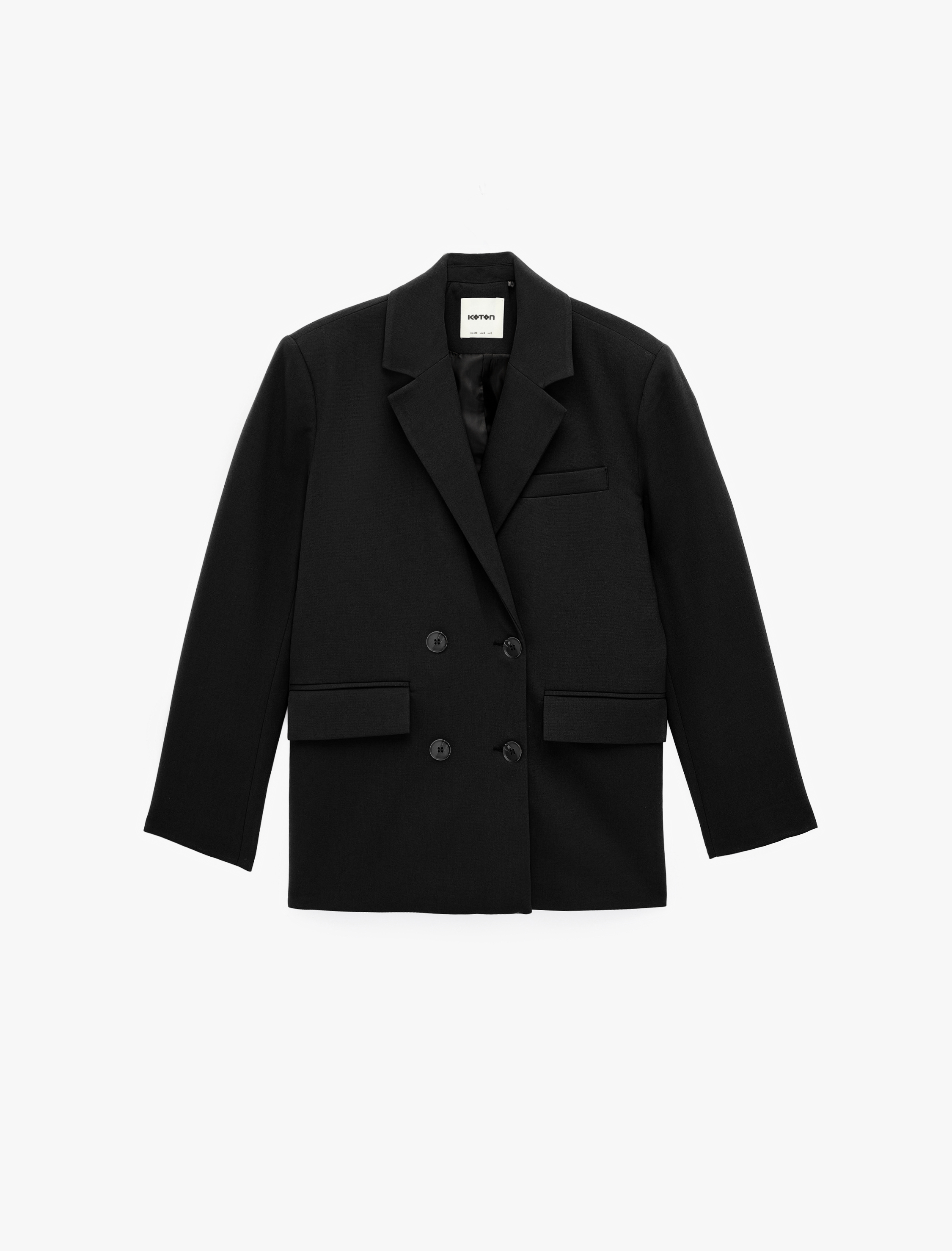   Uzun Kollu Cepli Viskon Karışımlı Düğmeli Oversize Kruvaze Yaka Blazer Ceket