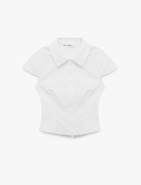 Kısa Kollu Klasik Yaka Fermuarlı Slim Fit Crop Korse Bluz