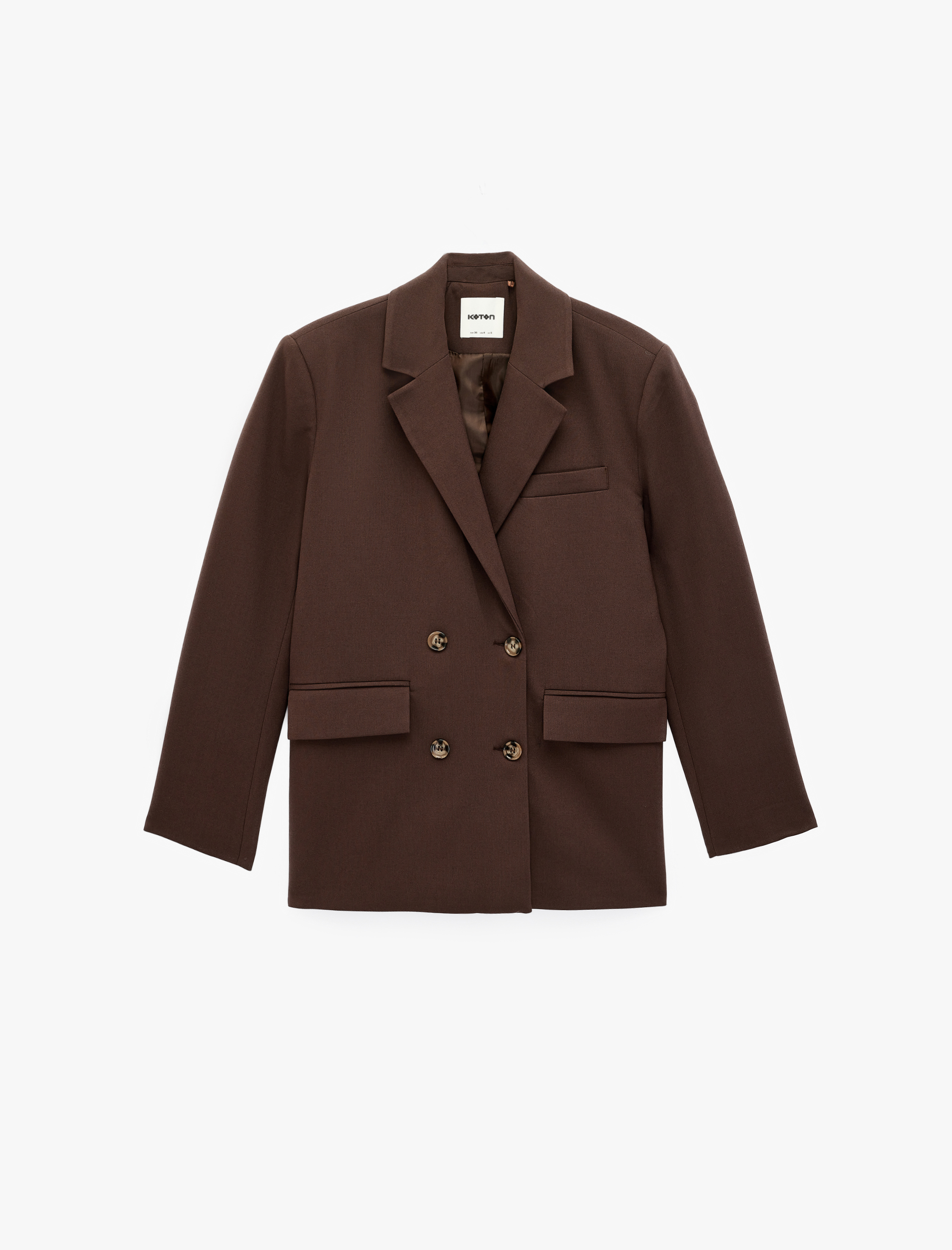   Uzun Kollu Cepli Viskon Karışımlı Düğmeli Oversize Kruvaze Yaka Blazer Ceket