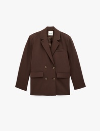 Uzun Kollu Cepli Viskon Karışımlı Düğmeli Oversize Kruvaze Yaka Blazer Ceket
