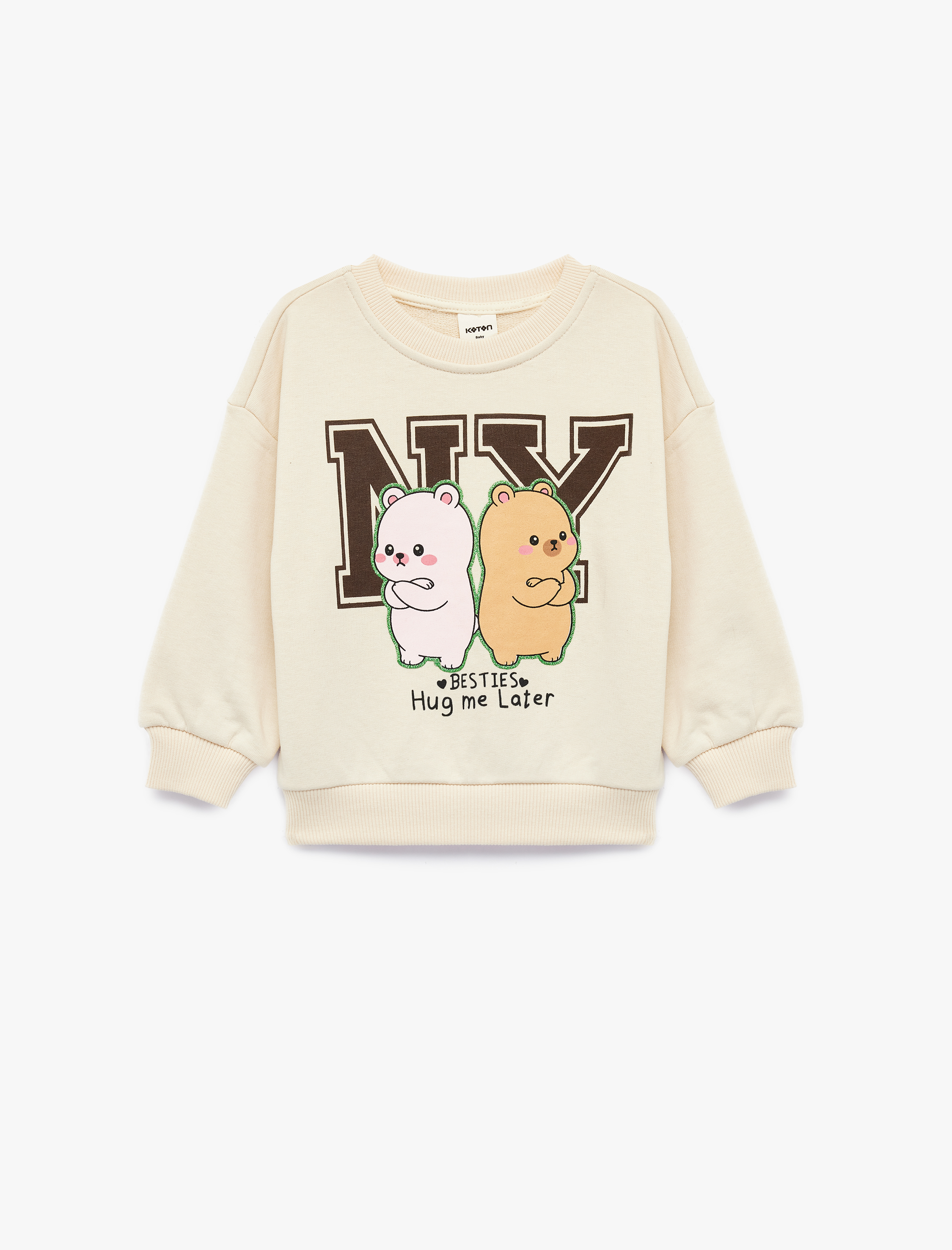  Kız Bebek Uzun Kollu Üç İplik Bisiklet Yaka Ayıcık Baskılı Sweatshirt