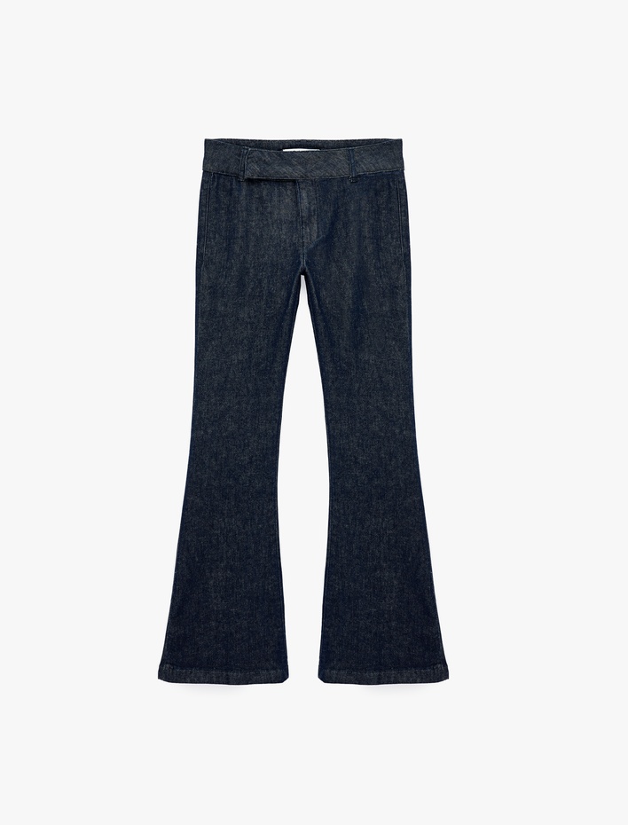  Kemer Detaylı Normal Bel Dar Kesim Pamuklu İspanyol Paça Denim Pantolon - Flare Jeans