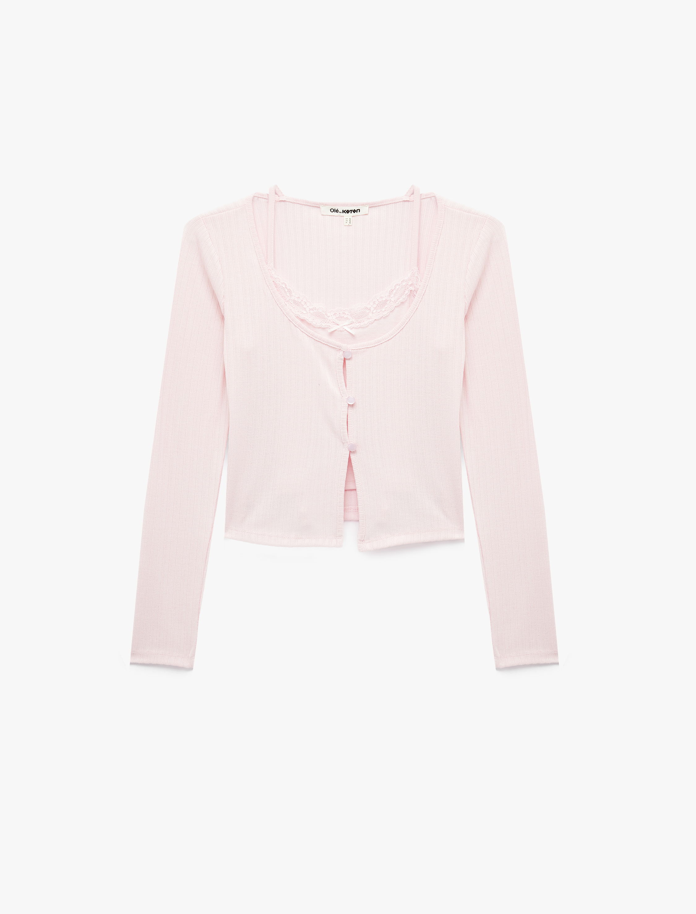   İkili Katmanlı Dantel Detaylı Slim Fit Kaşkorse Bisiklet Yaka Uzun Kollu Tişört