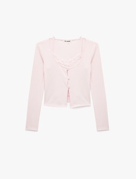 İkili Katmanlı Dantel Detaylı Slim Fit Kaşkorse Bisiklet Yaka Uzun Kollu Tişört