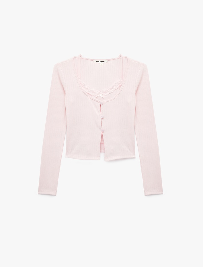 İkili Katmanlı Dantel Detaylı Slim Fit Kaşkorse Bisiklet Yaka Uzun Kollu Tişört