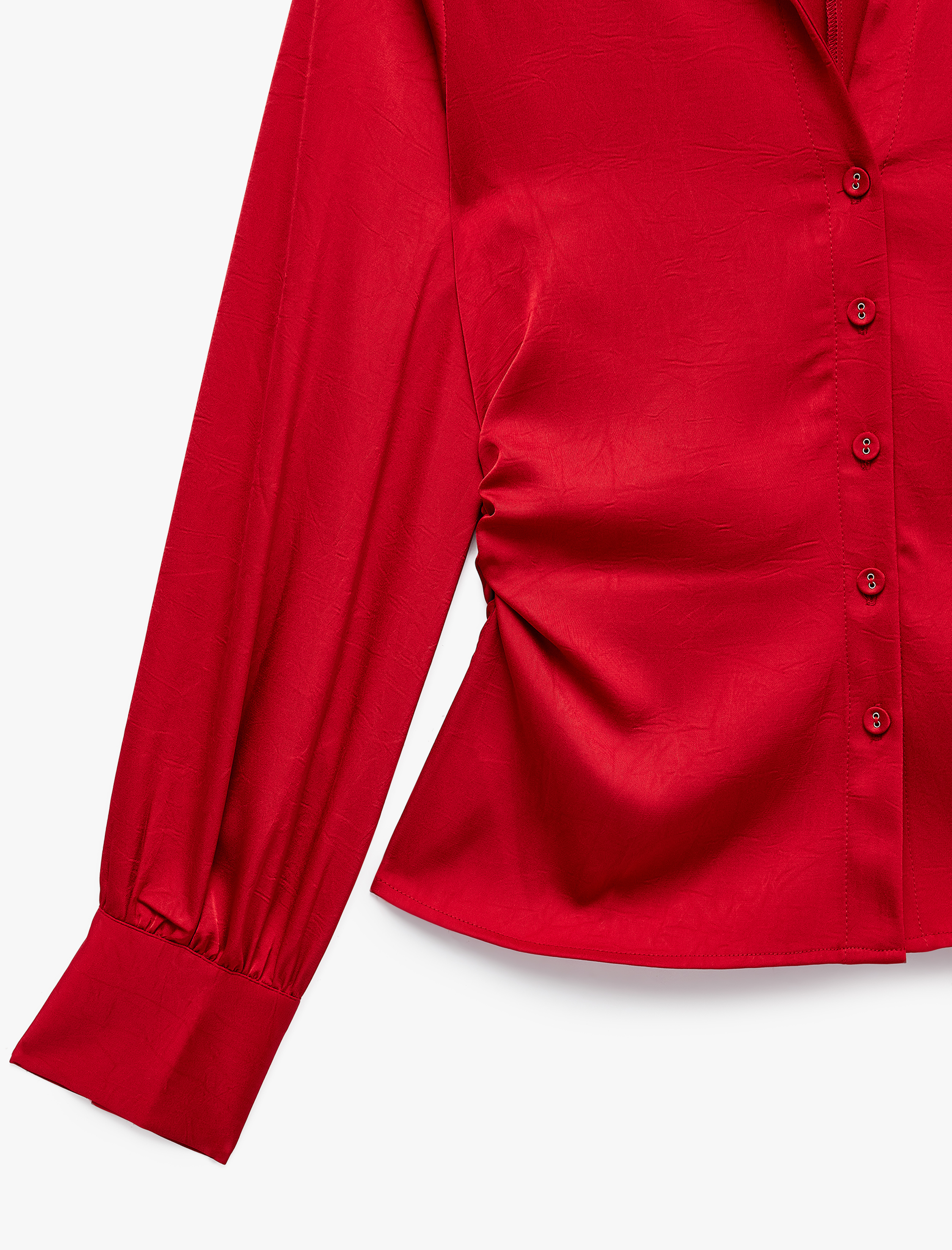   Slim Fit Uzun Kollu Büzgülü Kaçık Yaka Saten Gömlek