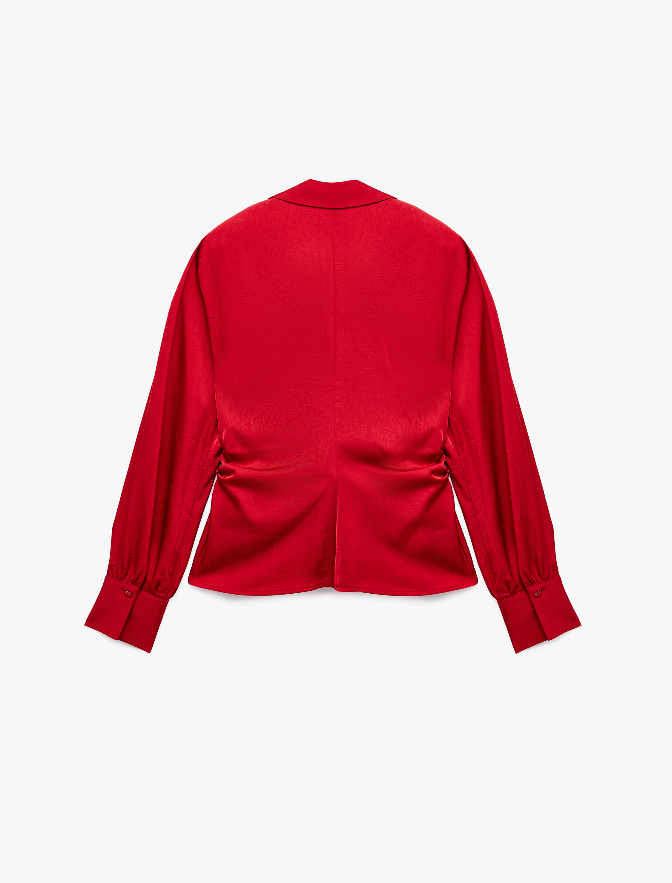   Slim Fit Uzun Kollu Büzgülü Kaçık Yaka Saten Gömlek